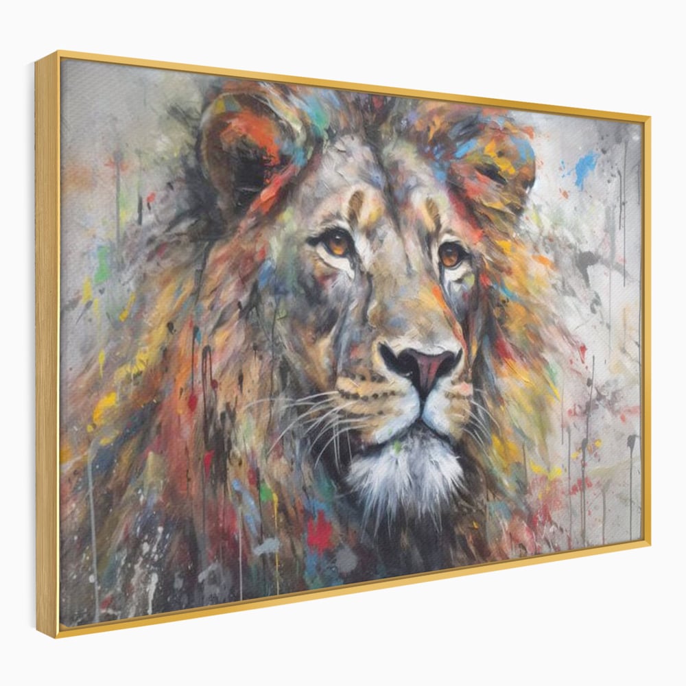 Tablou canvas cu tablou canvas cu leu colorat, in rama de aluminiu auriu